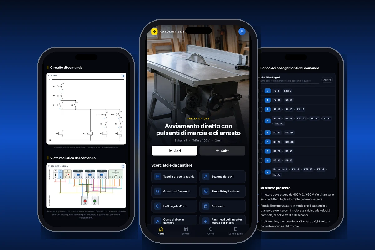 L'app della guida in tre schermate: la home, lo schema con la vista realistica e l'elenco dei collegamenti